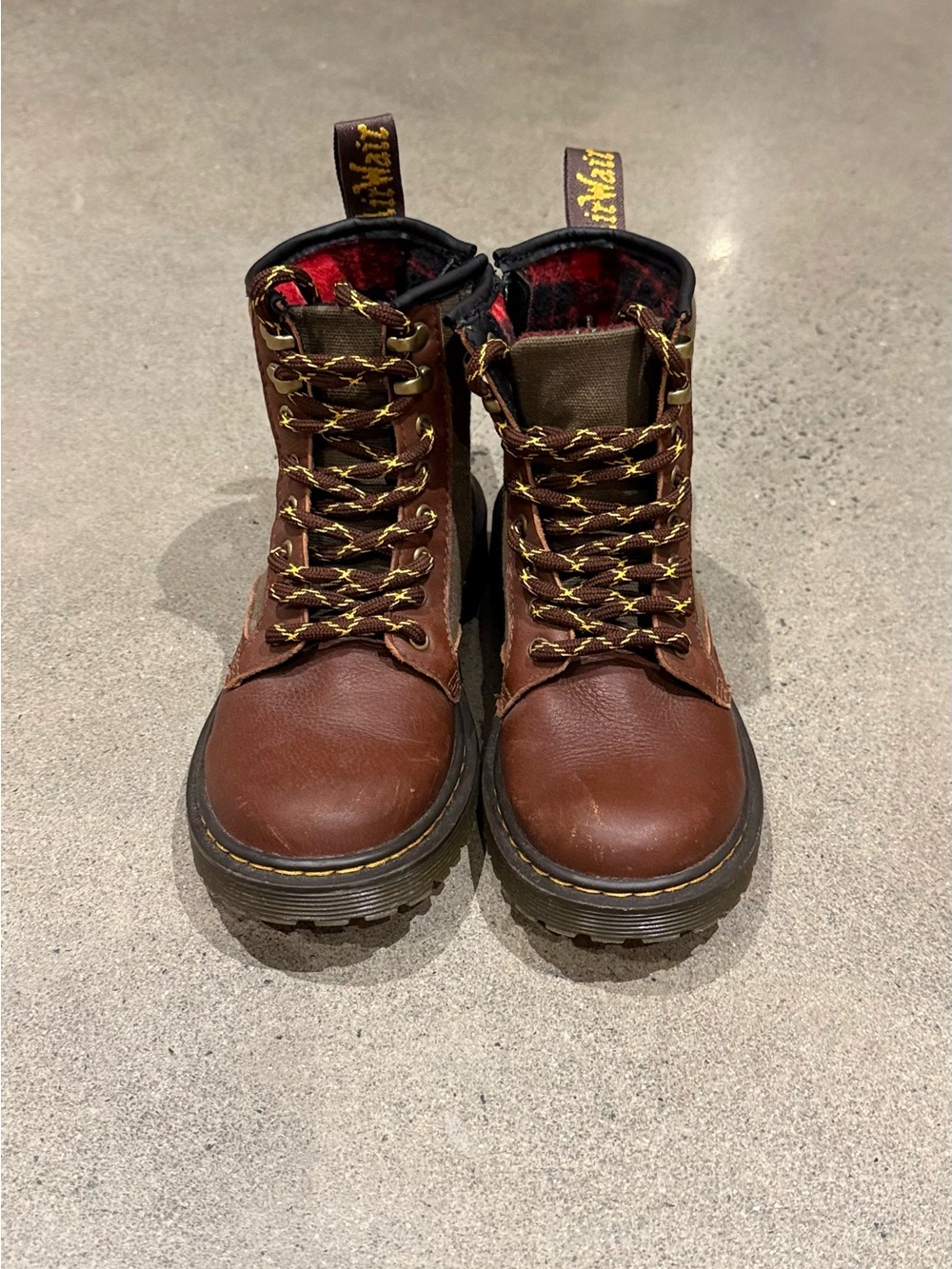 Brown Lace-Up Leather Doc Marten Boots with Yellow Stitching